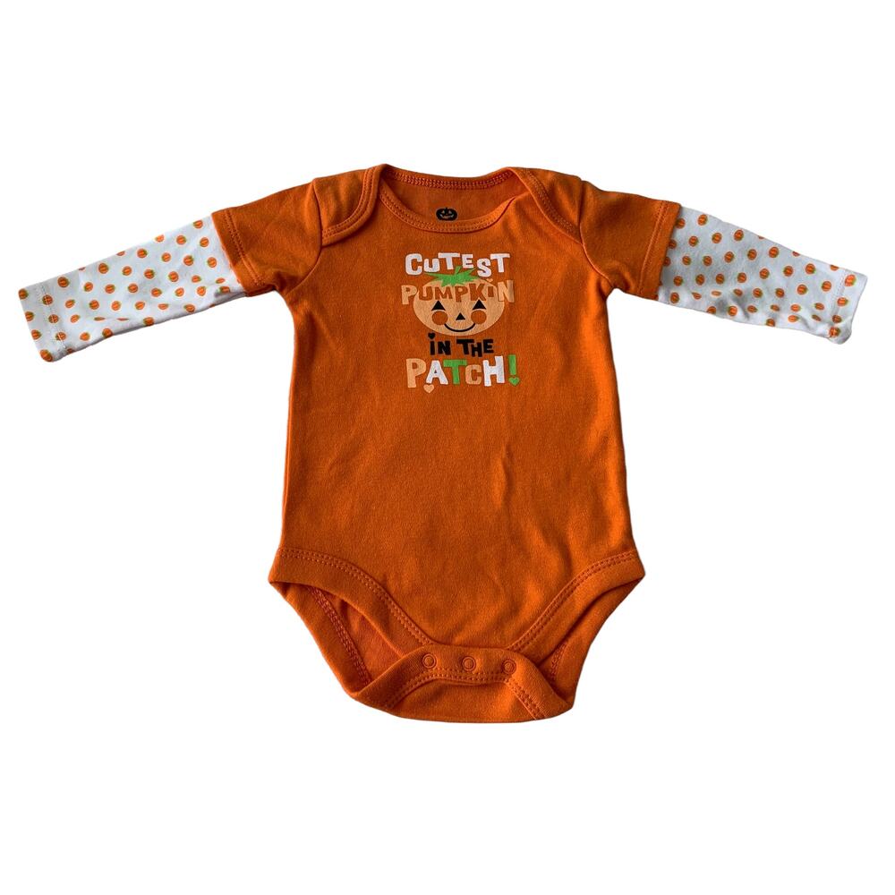 ONE PIECE PUMPKIN BODYSUIT, INFANT, 3-6 MO, ORANGE & WHITE, LONG SLEEVE, 3 SNAPS